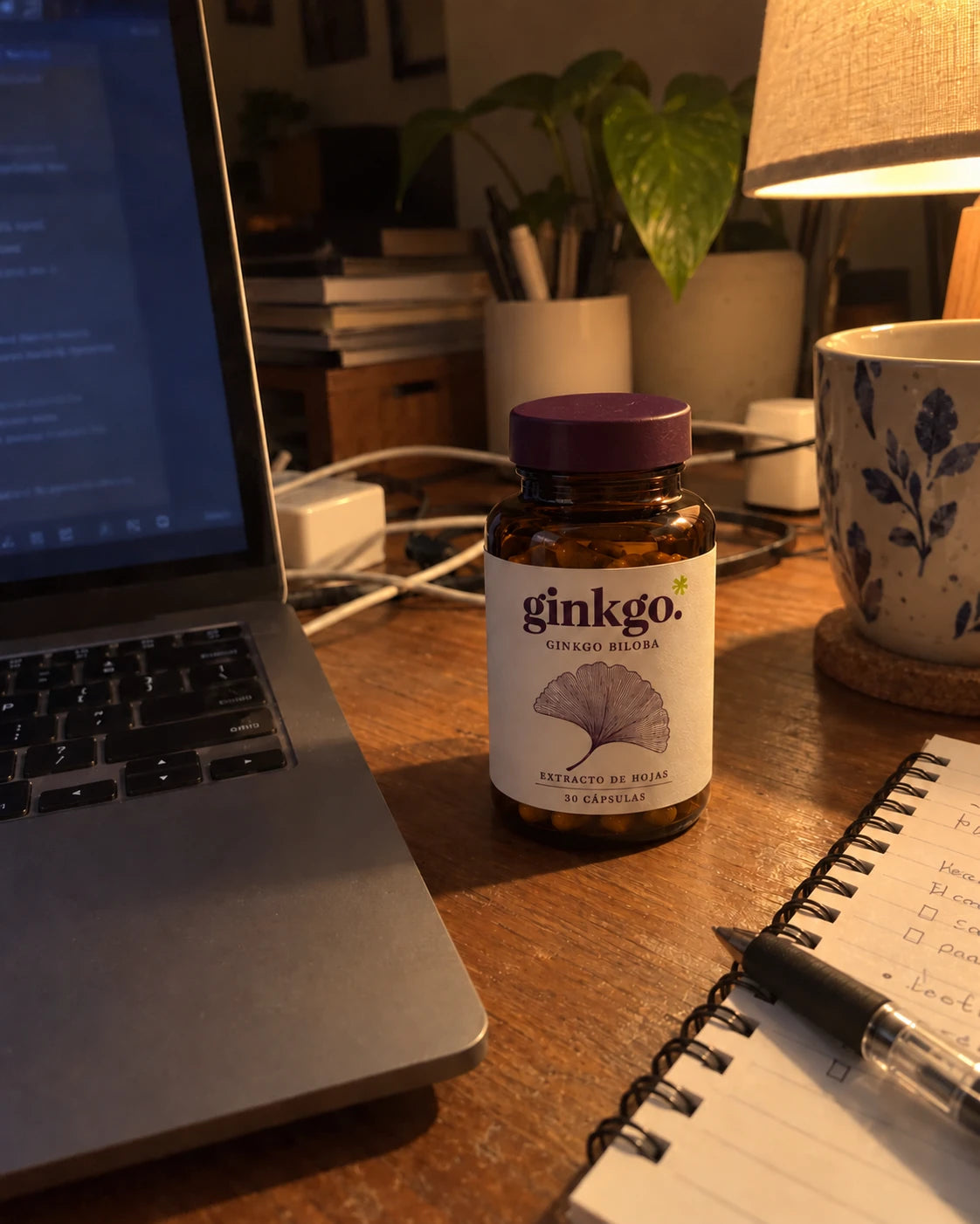 Foto de celular de Ginkgo en un escritorio usado, junto a una computadora y un cuaderno