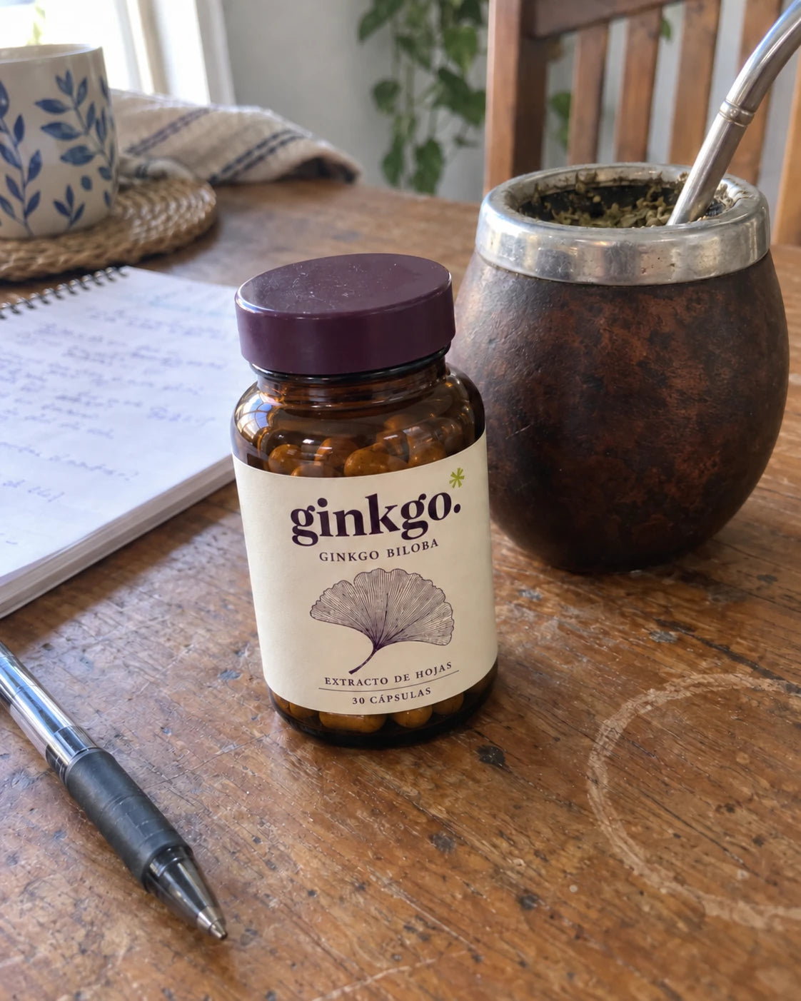 Foto casual de un frasco de Ginkgo sobre una mesa con mate y apuntes