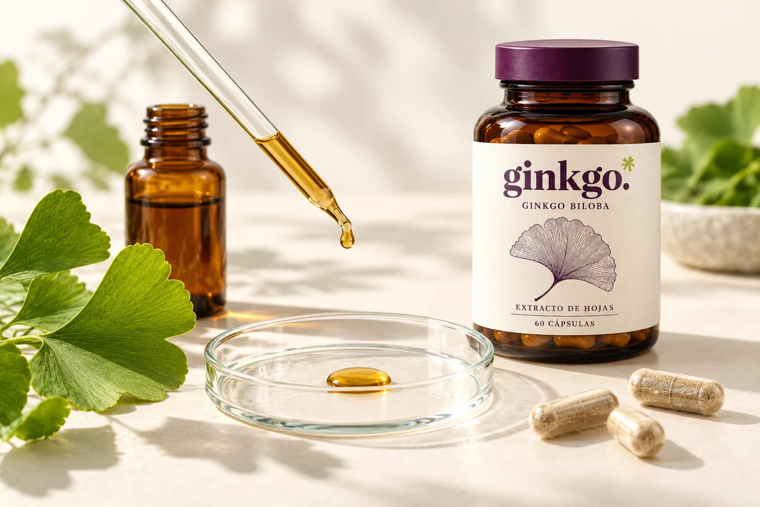 Ginkgo biloba: hojas, extracto y cápsulas en una composición botánica